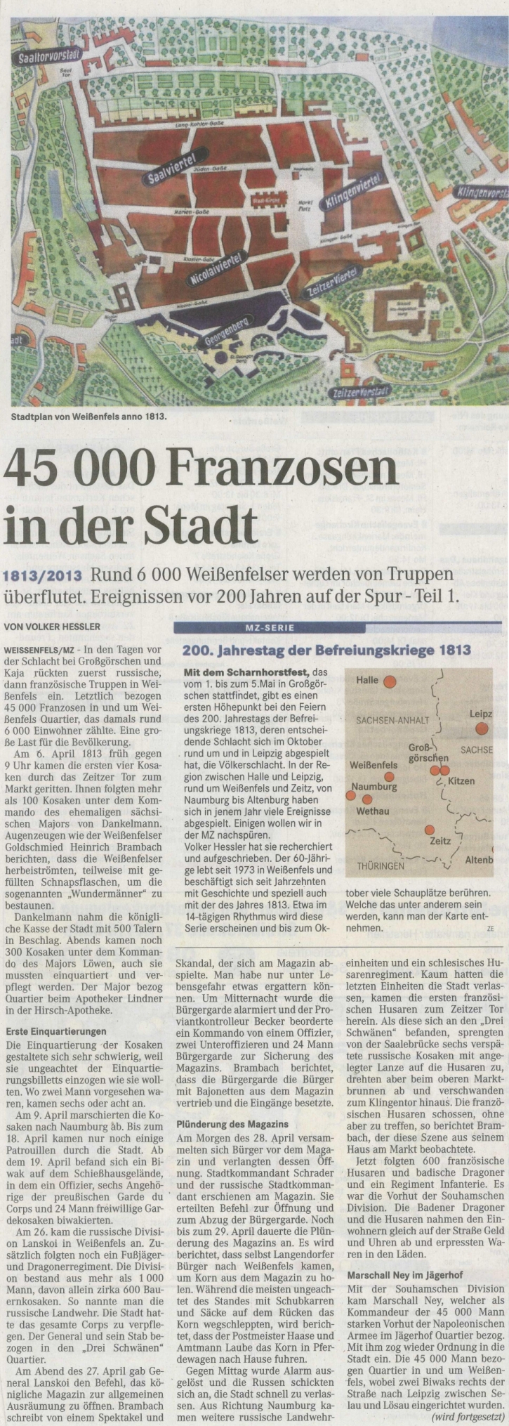 Reihe: "Ereignissen vor 200 Jahren auf der Spur - Teil I. - Mitteldeutsche Zeitung vom 19.04.2013 Reihe: "Ereignissen vor 200 Jahren auf der Spur - Teil I. - Mitteldeutsche Zeitung vom 19.04.2013