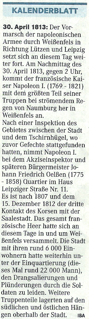 ”Kalenderblatt 30.04.1813” Mitteldeutsche Zeitung vom 30.04.2013 ”Kalenderblatt 30.04.1813” Mitteldeutsche Zeitung vom 30.04.2013