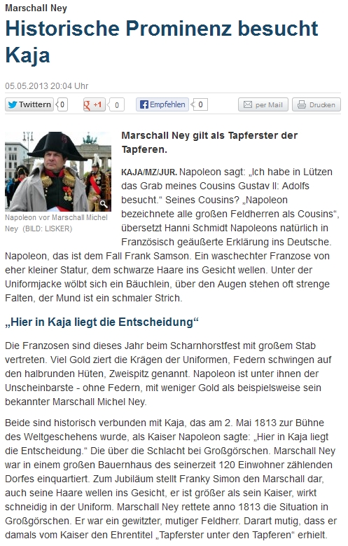 ”Historische Prominenz besucht Kaja” Mitteldeutsche Zeitung vom 07.05.2013 ”Historische Prominenz besucht Kaja” Mitteldeutsche Zeitung vom 07.05.2013