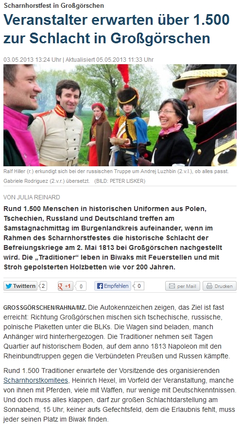 ”Veranstalter erwarten über 1.500 Teilnehmer in Großgörschen” Mitteldeutsche Zeitung vom 04.05.2013 ”Veranstalter erwarten über 1.500 Teilnehmer in Großgörschen” Mitteldeutsche Zeitung vom 04.05.2013