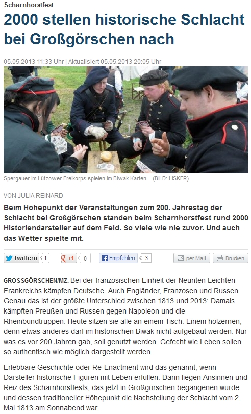 ”2000 stellen historische Schlacht bei Großgörschen nach” Mitteldeutsche Zeitung vom 06.05.2013 ”2000 stellen historische Schlacht bei Großgörschen nach” Mitteldeutsche Zeitung vom 06.05.2013