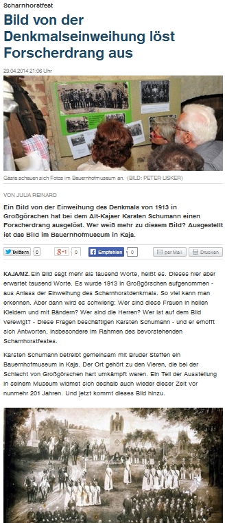 ”Bild von der Denkmaleinweihung löst Forscherdrang aus” Mitteldeutsche Zeitung vom 29.04.2014 ”Bild von der Denkmaleinweihung löst Forscherdrang aus” Mitteldeutsche Zeitung vom 29.04.2014