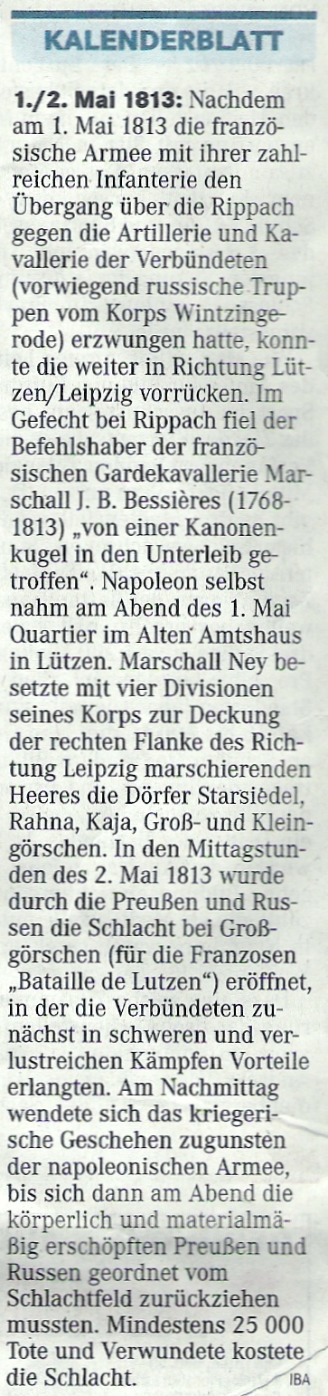 ”Kalenderblatt 01.05.1813” Mitteldeutsche Zeitung vom 01.05.2013 ”Kalenderblatt 01.05.1813” Mitteldeutsche Zeitung vom 01.05.2013
