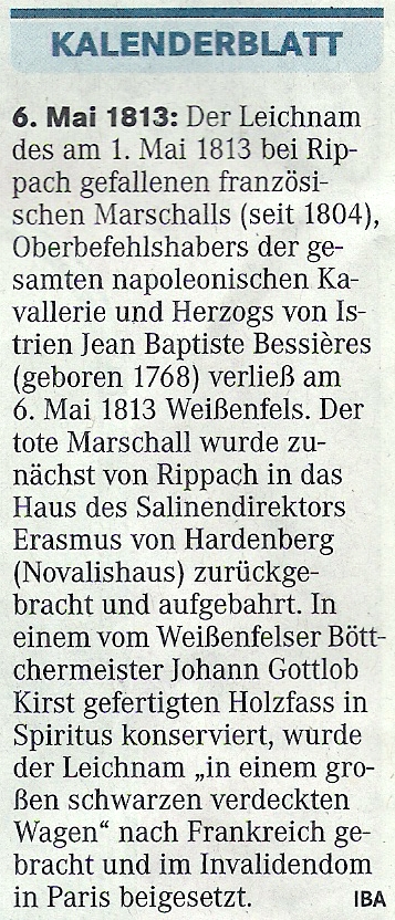 ”Kalenderblatt 06.05.1813” Mitteldeutsche Zeitung vom 06.05.2013 ”Kalenderblatt 06.05.1813” Mitteldeutsche Zeitung vom 06.05.2013