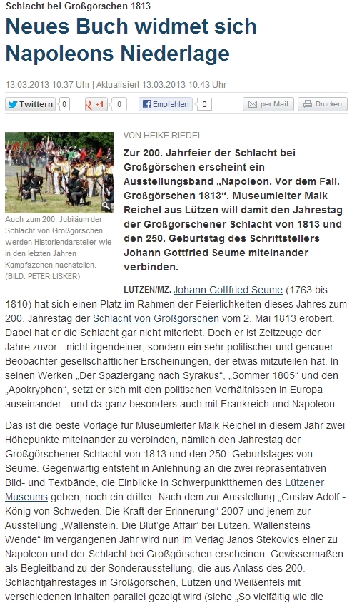 ”Neues Buch widmet sich Napoleons Niederlage” Mitteldeutsche Zeitung vom 13.03.2013 ”Neues Buch widmet sich Napoleons Niederlage” Mitteldeutsche Zeitung vom 13.03.2013