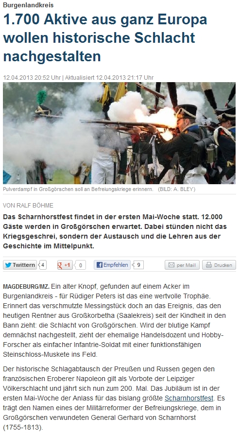 ”1.700 Aktive aus ganz Europa wollen historische Schlacht nachgestalten” Mitteldeutsche Zeitung vom 12.04.2013 ”1.700 Aktive aus ganz Europa wollen historische Schlacht nachgestalten” Mitteldeutsche Zeitung vom 12.04.2013