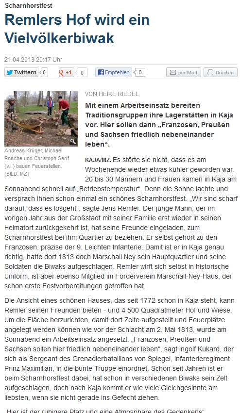 ”Remlers Hof wird ein Vielvölkerbiwak” Mitteldeutsche Zeitung vom 22.04.2013 ”Remlers Hof wird ein Vielvölkerbiwak” Mitteldeutsche Zeitung vom 22.04.2013