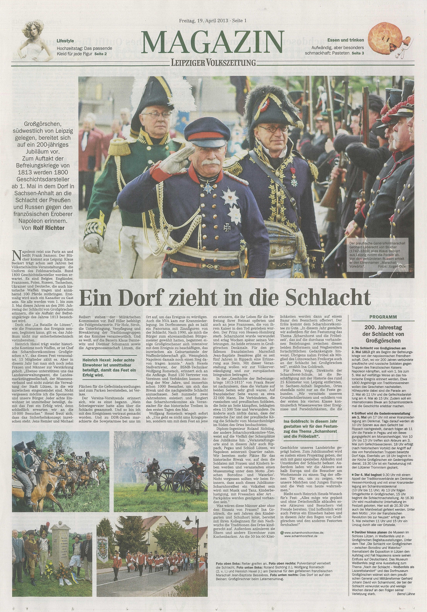 ”Ein Dorf zieht in die Schlacht” Leipziger Volkszeitung vom 19.04.2013 ”Ein Dorf zieht in die Schlacht” Leipziger Volkszeitung vom 19.04.2013